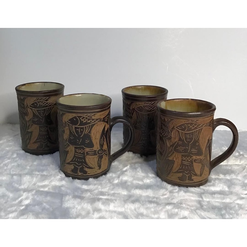 Vintage Sgraffito Stoneware Mugs (4) Fisherman & Bird Folk Art Pottery Boho MCM